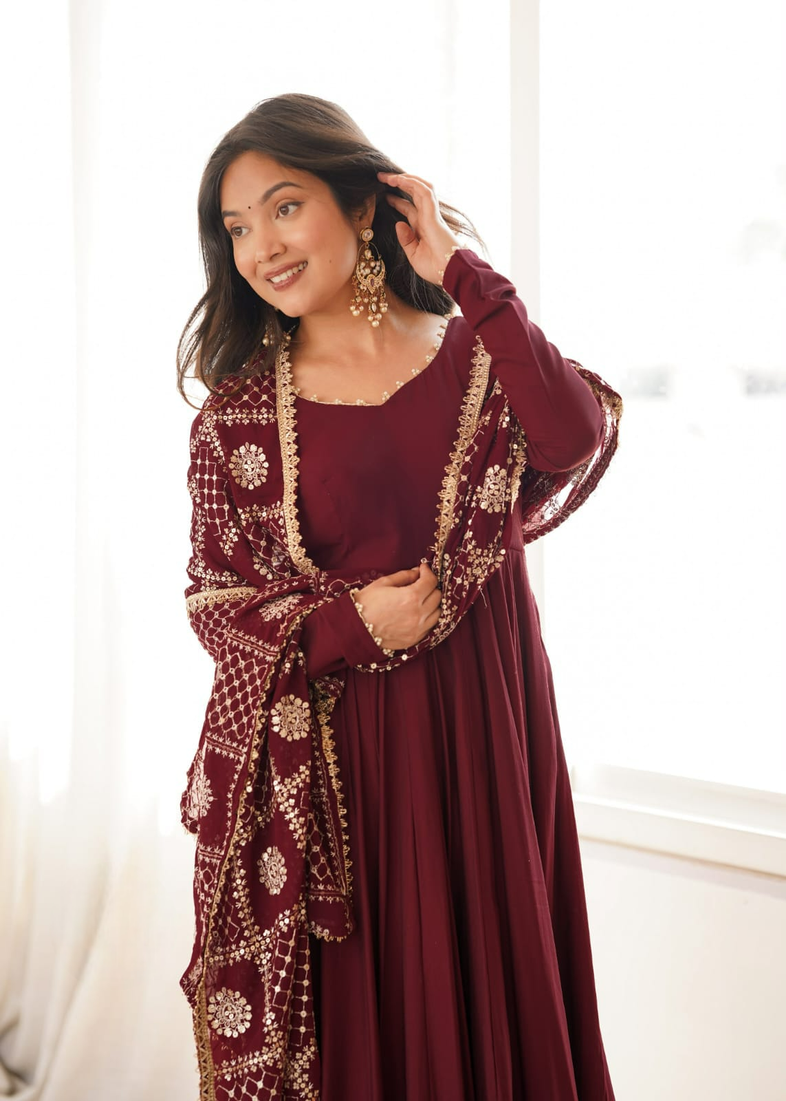 Maroon Chanderi Fabric Anarkali set